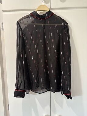 Black Sheer Long-Sleeve Blouse with Pink and Silver Motif M